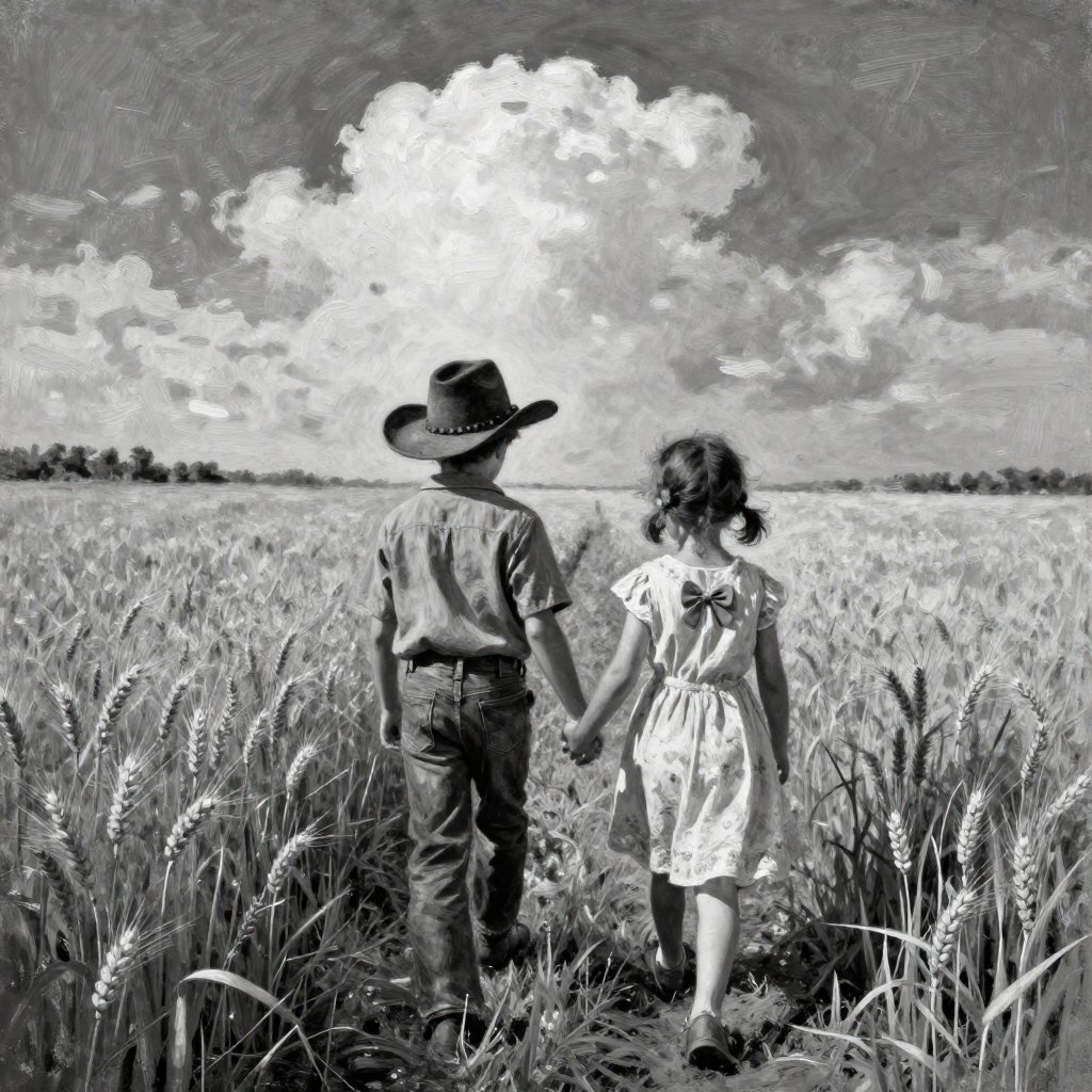 Route404's Cloud of Dust album cover featuring a black and white oil painting of a little boy and girl holding hands while walking toward the horizon through a field of wheat. Image created by Freepik